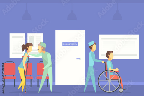 Rehabilitation Center, Medical Clinic, Physiotherapist Doctors Helping People after Injuries Vector Illustration
