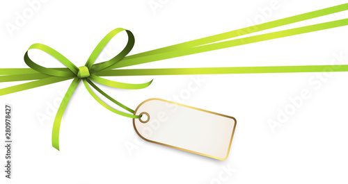 green colored ribbon bow with hang tag