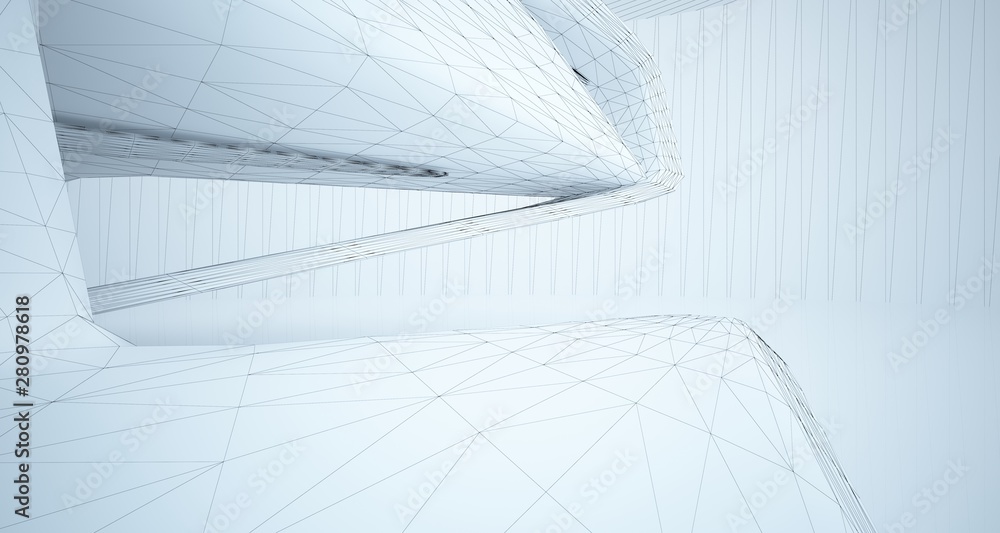 Drawing abstract architectural white interior of a minimalist house with large windows. 3D illustration and rendering. Drawing abstract architectural white interior of a minimalist house with large windows. 3D illustration and rendering.