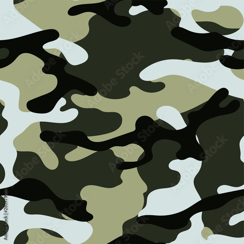 Military camouflage seamless pattern. Khaki texture. Trendy background. Abstract color vector illustration. For design wallpaper, wrapping paper, fabric.
