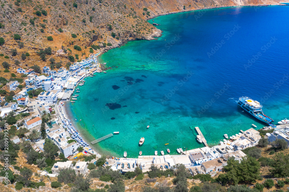 Aerial view of Greek village of Loutro, Chania, Crete, Greece.