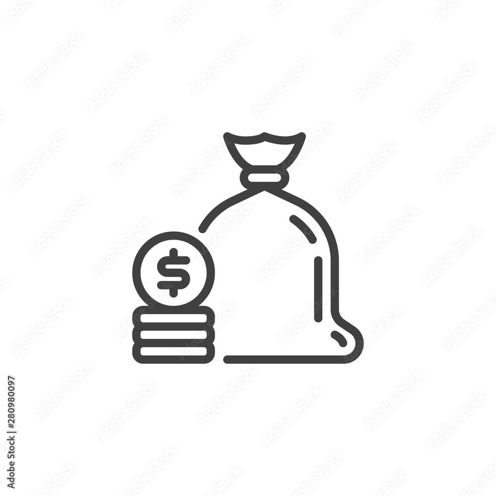 Money bag with coins line icon. linear style sign for mobile concept and web design. Dollar money bag outline vector icon. Savings symbol, logo illustration. Vector graphics Money bag with coins line icon. linear style sign for mobile concept and web design. Dollar money bag outline vector icon. Savings symbol, logo illustration. Vector graphics