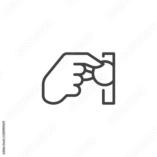 Hand inserting coin line icon. linear style sign for mobile concept and web design. Pay money slot outline vector icon. Symbol, logo illustration. Vector graphics