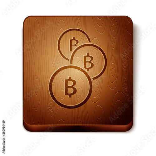 Brown Cryptocurrency coin Bitcoin icon isolated on white background. Physical bit coin. Blockchain based secure crypto currency. Wooden square button. Vector Illustration