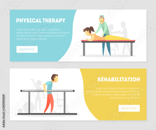Physical Therapy, Rehabilitation Landing Page, Physiotherapy Horizontal Banners Set, Physical Training and Rehabilitation Exercises, Massage Vector Illustration