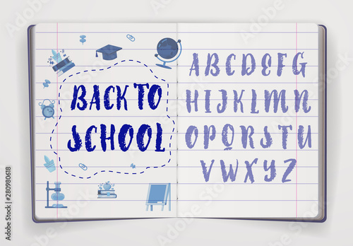 Back to school font banner in notebook. Latin alphabet handwriting,