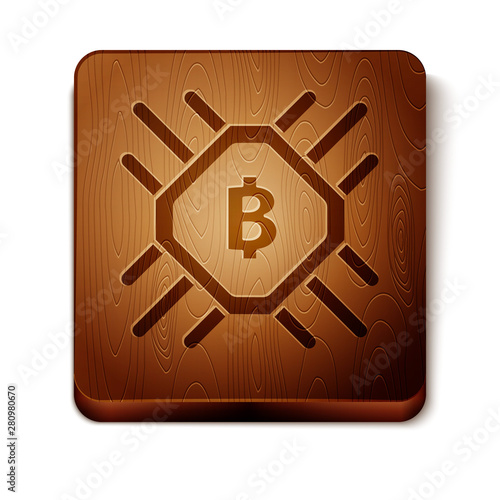 Brown CPU mining farm icon isolated on white background. Bitcoin sign inside processor. Cryptocurrency mining community. Digital money. Wooden square button. Vector Illustration