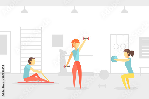 People Trainining in Physiotherapeutic Gym Class, Orthopedic Exercises for People after Injuries, Physical Training and Rehabilitation Vector Illustration