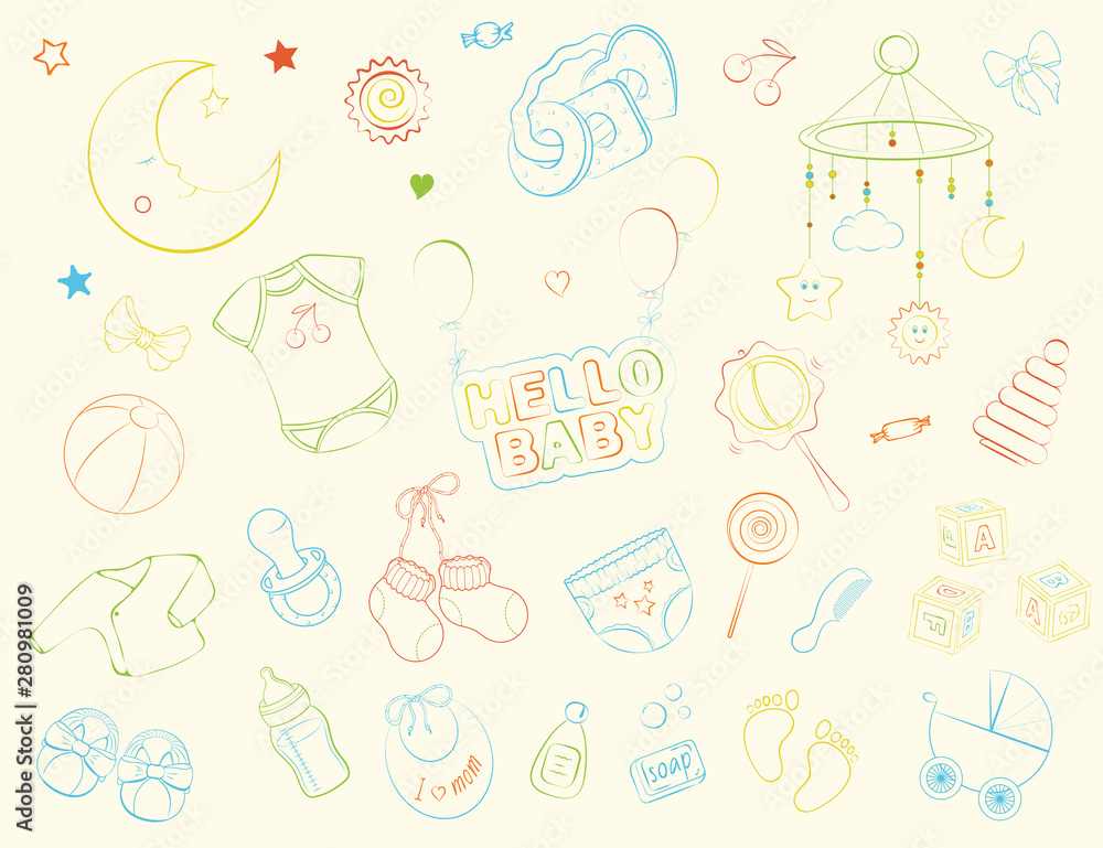Newborn infant themed doodle set. Newborn infant themed doodle set.