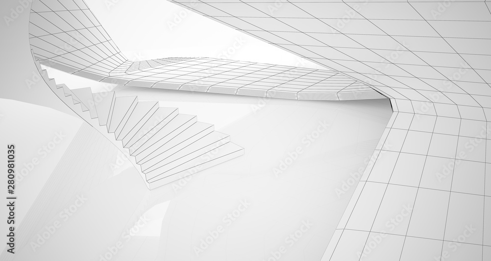 Naklejka premium Drawing abstract architectural white interior of a minimalist house with large windows. 3D illustration and rendering.