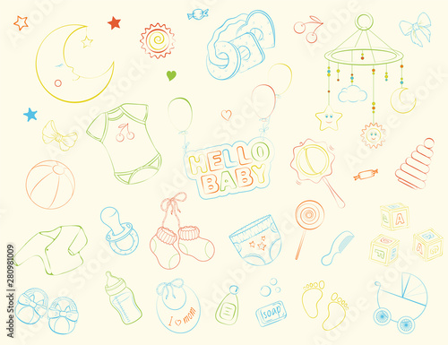 Newborn infant themed doodle set.