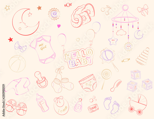 Newborn infant themed doodle set.