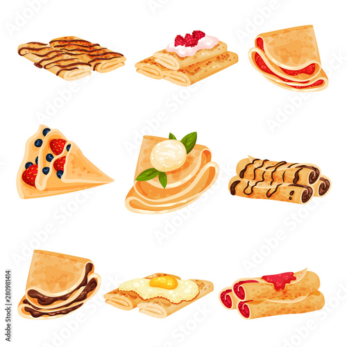 Set of pancakes in the form of a roll and a triangle. Vector illustration on white background.