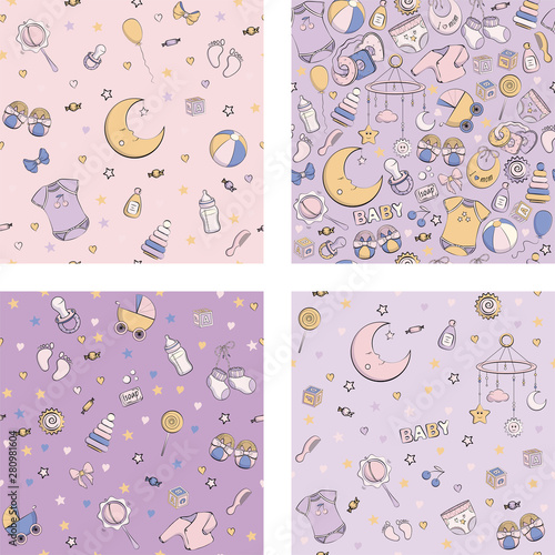 Set of seamless pattern with baby care items