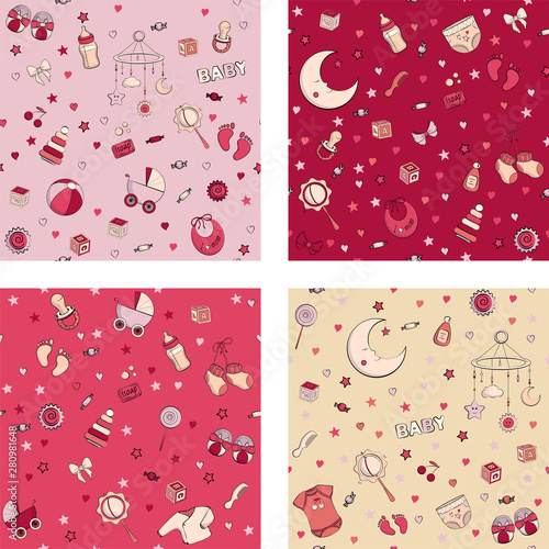 Set of seamless pattern with baby care items