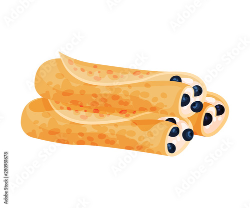 Pancakes in the form of a roll with filling. Vector illustration on white background.