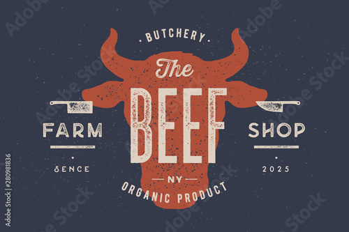Beef, cow, bull. Vintage typography, lettering, retro print