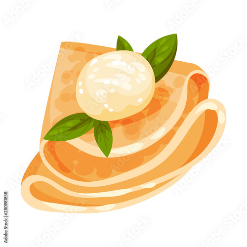 Pancake is folded in the shape of a triangle with a leaf ornament. Vector illustration on white background.