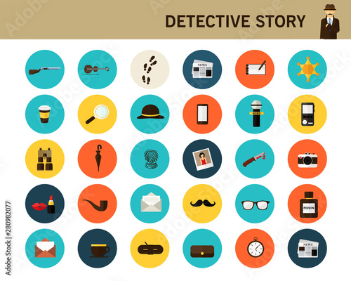 Detective story concept flat icons.