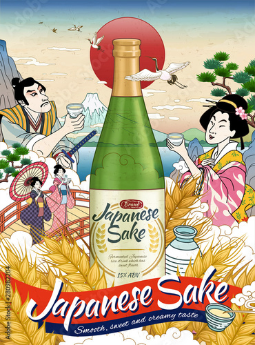 Ukiyo e style Japanese sake ads