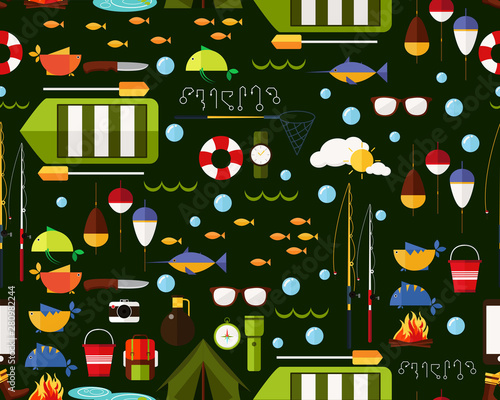 Vector flat seamless texture pattern Fishing equipment and related objects set .