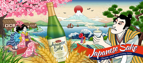 Ukiyo e style Japanese sake ads photo