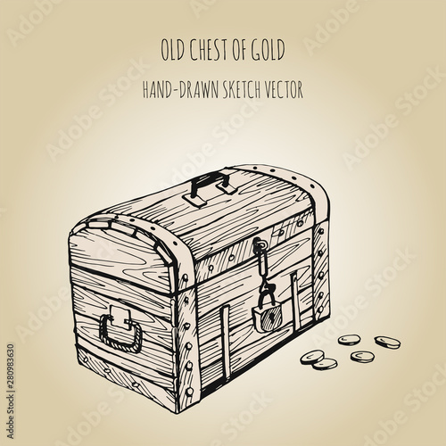 Pirate chest. Antique wooden chest with lock and gold coins.
