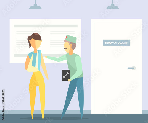 Traumatologist Helping Female Patient with Fracture Hand, Rehabilitation Center, Medical Clinic Vector Illustration