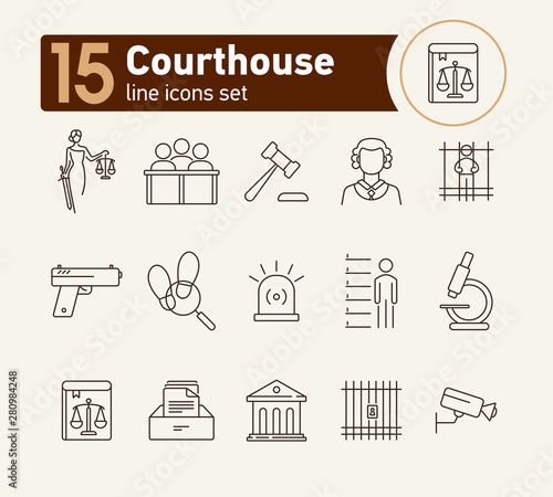 Courthouse line icon set. Jury bench, prison, criminal code. Justice concept. Can be used for topics like court, trial, crime