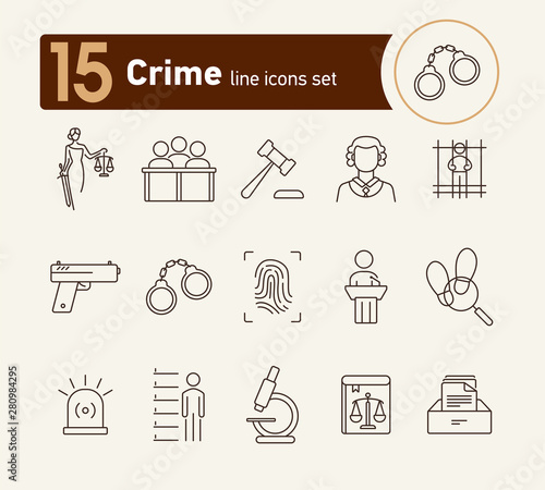 Crime line icon set. Themis statue, judge gavel, fingerprint. Justice concept. Can be used for topics like court, trial, investigation, evidence