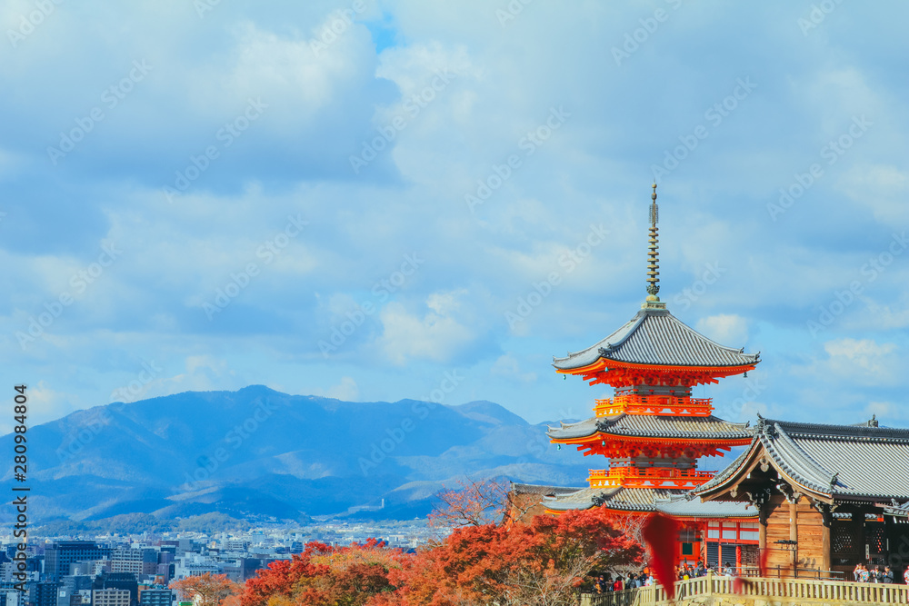 Kiyomizu-dera temple is a zen buddhist temple in autum season and one of the most popular buildings  in Kyoto Japan.