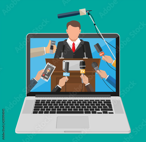 Laptop with press conference live video. Rostrum, tribune, hands of journalists with microphones. News, media, journalism. Broadcasting, online video, live stream. Flat vector illustration