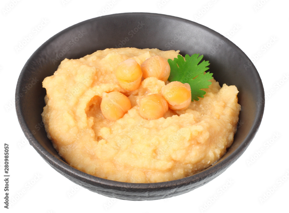 black bowl with chickpea hummus isolated on white background black bowl with chickpea hummus isolated on white background