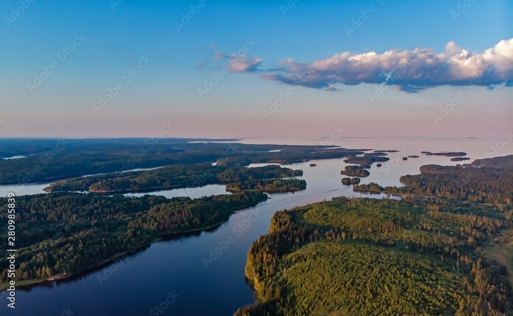  Republic of Karelia. Russia. Karelian Islands from above panorama with drone. Ladoga lake. Karelian water area with a panorama. Islands in Lake Ladoga. Northern nature of Russia. Karelian landscapes.