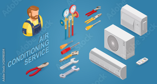 Conditioner service. Builder, instrument, equipment. Vector flat 3d illustration.