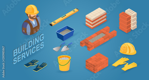 Building service. Worker, tools and elements of brick wall. Vector.