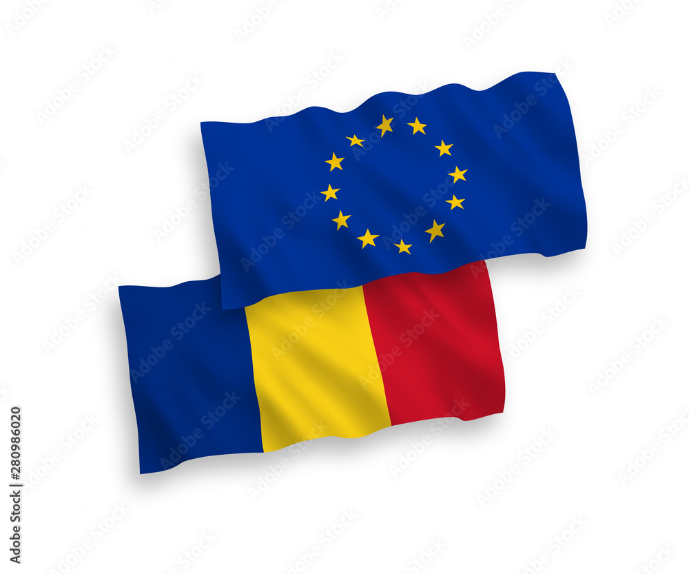 National vector fabric wave flags of European Union and Romania isolated on white background. 1 to 2 proportion.