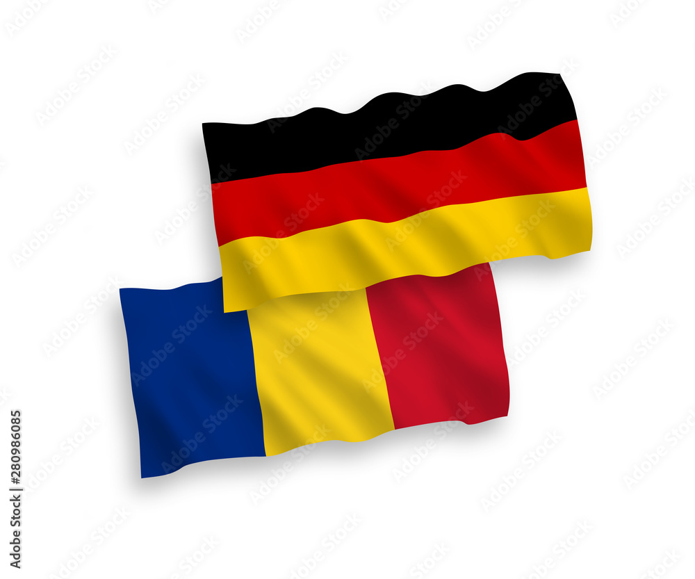 National vector fabric wave flags of Germany and Romania isolated on white background. 1 to 2 proportion. National vector fabric wave flags of Germany and Romania isolated on white background. 1 to 2 proportion.