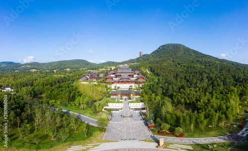 Pagoda on Top of Niushou Mountain in Nanjing city in a sunny day. This photo was taken with a drone flying in the air.