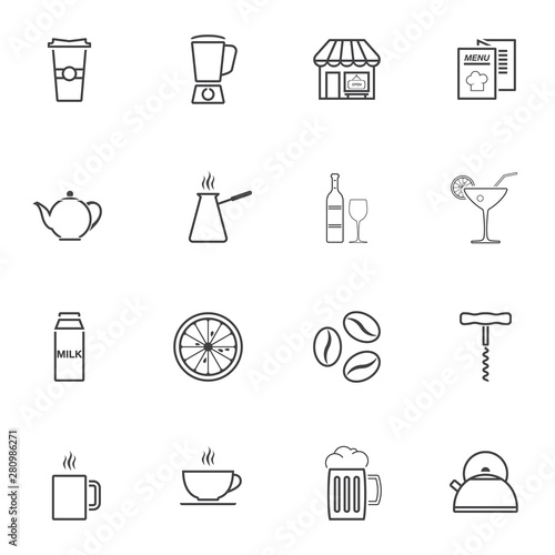 Cafe line icons set. linear style symbols collection, outline signs pack. vector graphics. Set includes icons as restaurant menu, cocktail drink, coffee beans, hot tea, beer mug, milk box, wine, cezve