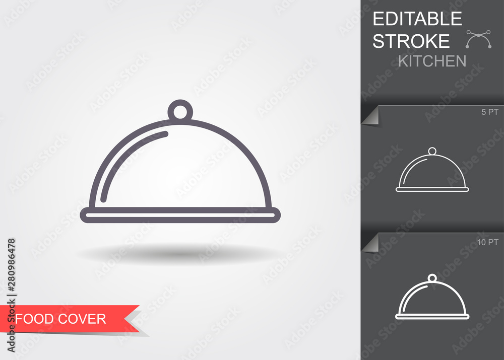 Covered plate, Food dish. Line icon with editable stroke with shadow Covered plate, Food dish. Line icon with editable stroke with shadow