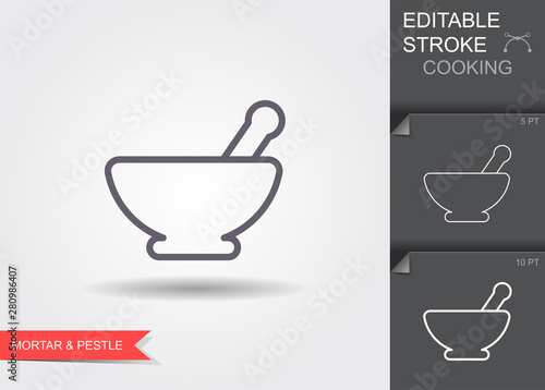 Mortar and pestle. Line icon with editable stroke with shadow