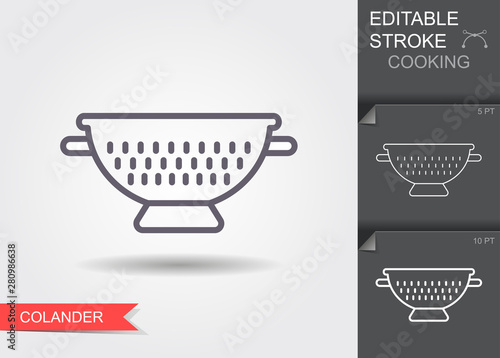 Kitchen colander. Line icon with editable stroke with shadow