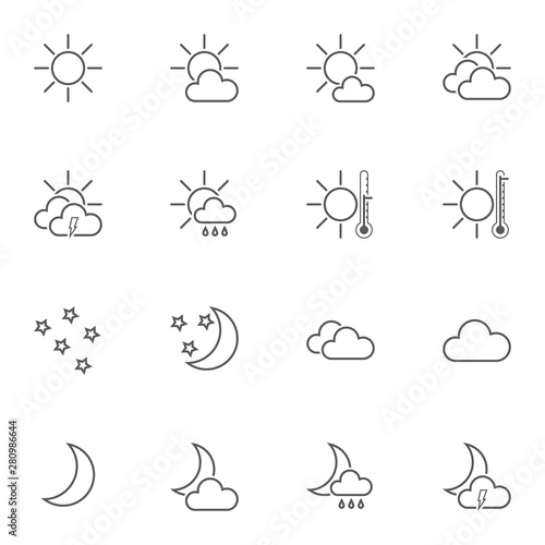Meteorology line icons set. linear style symbols collection, outline signs pack. vector graphics. Set includes icons as forecast weather, sunny day, starry night, clouds, thermometer, rain, lightning
