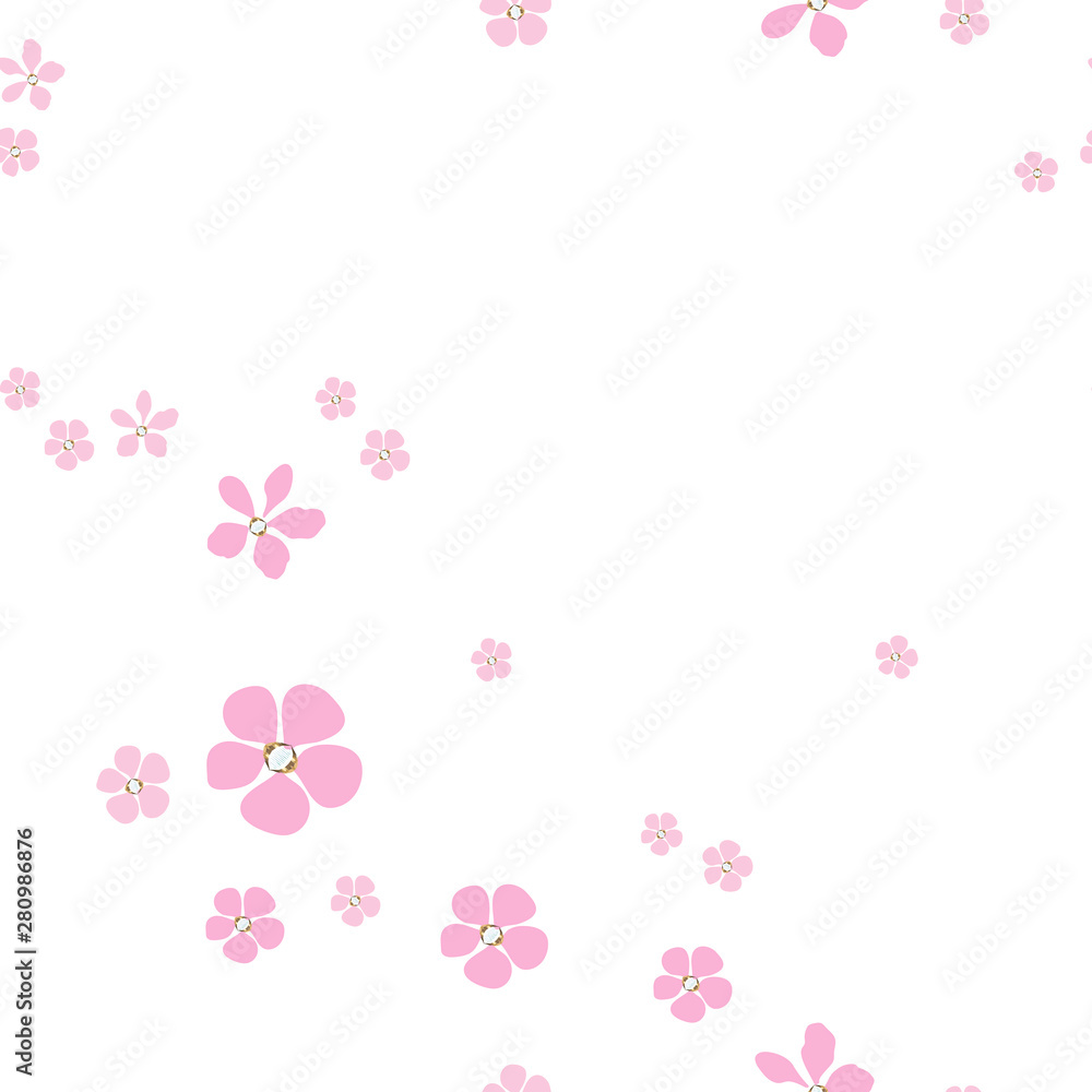 Jewelry and floral softness vector seamless pattern. Abstract pink flowers with gold with core on white background. Template for design, web site banner, card, textile, bedding.
