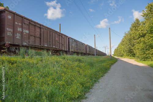 City Riga, Latvia Republic. A freight wagon is standing on a rail track. Juny 28. 2019 Travel photo. photo