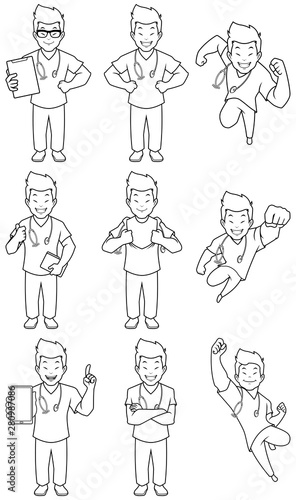 Nurse Asian Male Line Art