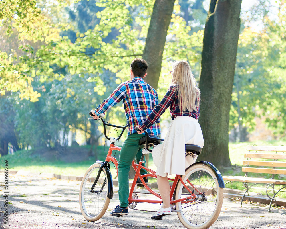 Obraz premium Back view of young active traveler couple, handsome man and attractive blond woman cycling together tandem double bike along crackled path in lit by bright sun beautiful park under tall trees.