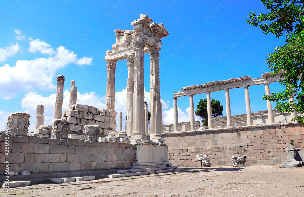 Ruins and columns of Temple of Trajan at Acropolis of Pergamon, Turkey