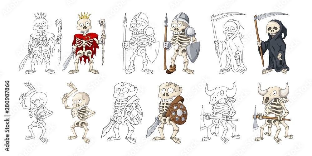 Human Skeletons Cartoon Character Colorful Coloring book page elements set